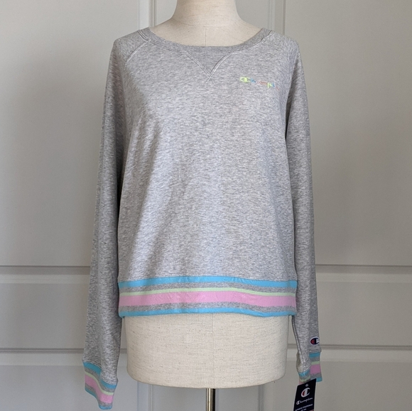 Champion Sweatshirt Rainbow Logo French Terry Crew Raglan Sleeves Grey L NWT - Picture 2 of 15